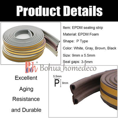 문과 창을 위한 9x5.5mm EPDM 고무 물개 P 모양 Weatherstrips